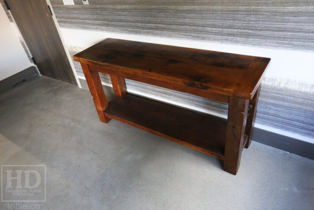 5' Ontario Barnwood Side/Console Table - 18" deep - 30" height - Straight 4"x4" Windbrace Beams Legs - Bottom 2" Grainery Board Shelf - Hemlock Threshing Floor 2" Top - Original edges & distressing maintained - Premium epoxy + satin polyurethane finish / www.table.ca