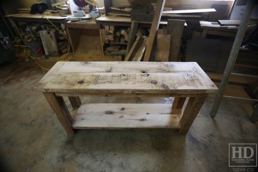 5' Ontario Barnwood Side/Console Table - 18" deep - 30" height - Straight 4"x4" Windbrace Beams Legs - Bottom 2" Grainery Board Shelf - Hemlock Threshing Floor 2" Top - Original edges & distressing maintained - Premium epoxy + satin polyurethane finish / www.table.ca