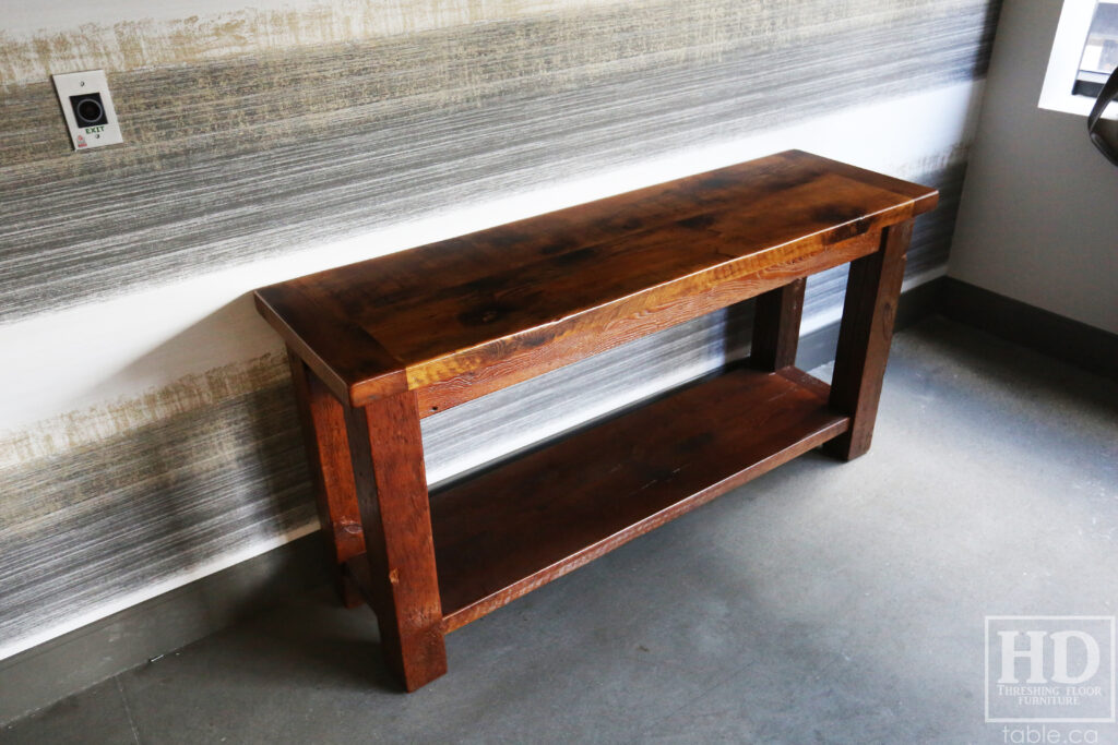 5' Ontario Barnwood Side/Console Table - 18" deep - 30" height - Straight 4"x4" Windbrace Beams Legs - Bottom 2" Grainery Board Shelf - Hemlock Threshing Floor 2" Top - Original edges & distressing maintained - Premium epoxy + satin polyurethane finish / www.table.ca