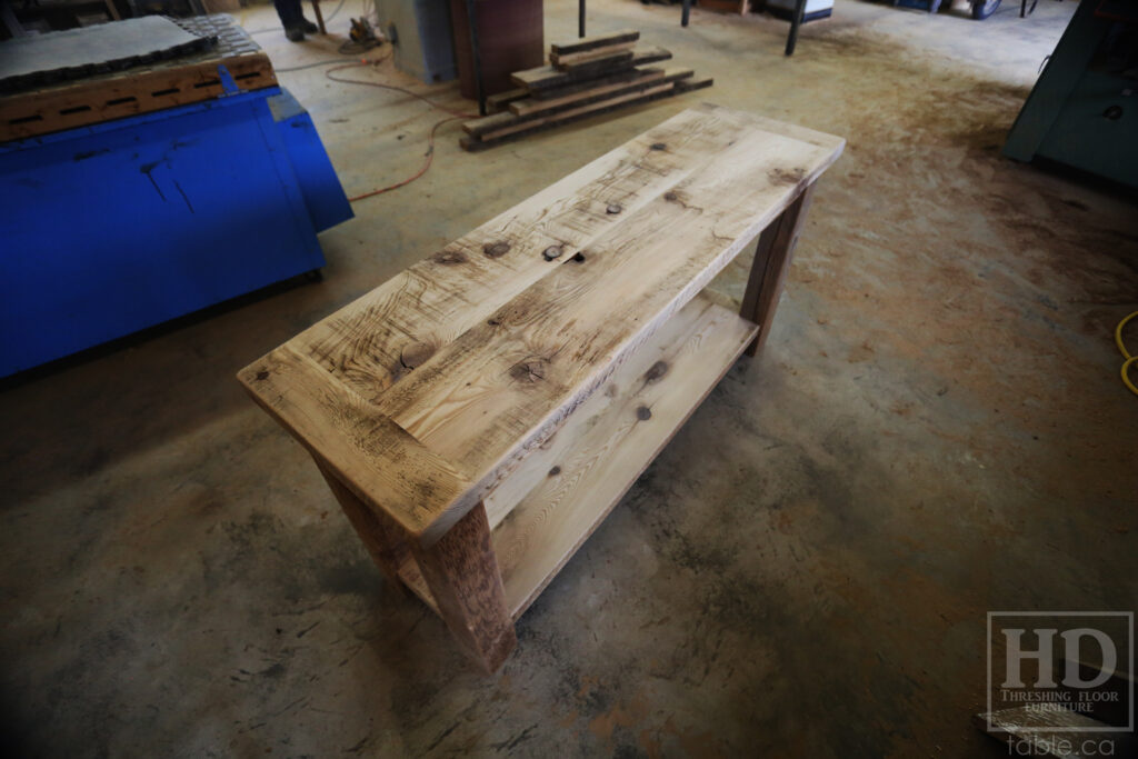 5' Ontario Barnwood Side/Console Table - 18" deep - 30" height - Straight 4"x4" Windbrace Beams Legs - Bottom 2" Grainery Board Shelf - Hemlock Threshing Floor 2" Top - Original edges & distressing maintained - Premium epoxy + satin polyurethane finish / www.table.ca