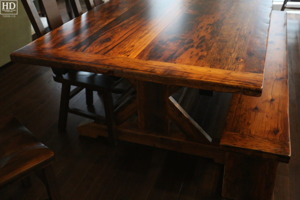 7.5' Ontario Barnwood Table we made for a Caledon Home - 48" wide - Sawbuck Base / Horizontal Bottom Rail Option - Old Growth Hemlock Threshing Floor Construction - Original edges & distressing maintained - Premium epoxy + satin polyurethane finish - 7.5' [matching] Plank Base Bench - 5 Plank Back Chairs / Wormy Maple - www.table.ca