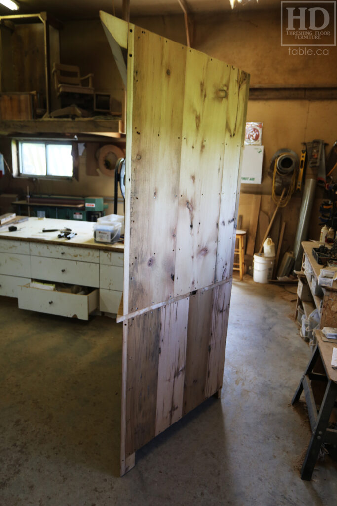 Reclaimed Ontario Barnwood Corner Hutch we made for a Vienna home - 7' Height / 3'10" Wide - Bottom Doors/ Top Shelving - Old Growth Pine Threshing Floor + Grainery Board Construction - Original edges & distressing maintained - Mission Cast Brass Lee Valley Hardware - Polyurethane clearcoat finish - www.table.ca