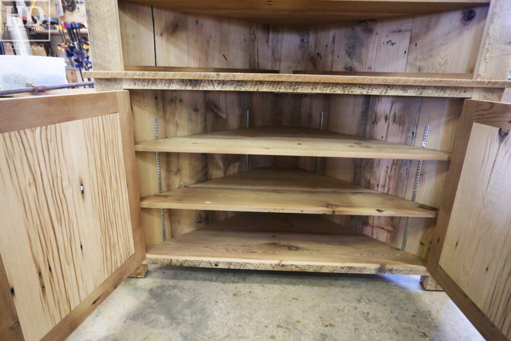 Reclaimed Ontario Barnwood Corner Hutch we made for a Vienna home - 7' Height / 3'10" Wide - Bottom Doors/ Top Shelving - Old Growth Pine Threshing Floor + Grainery Board Construction - Original edges & distressing maintained - Mission Cast Brass Lee Valley Hardware - Polyurethane clearcoat finish - www.table.ca