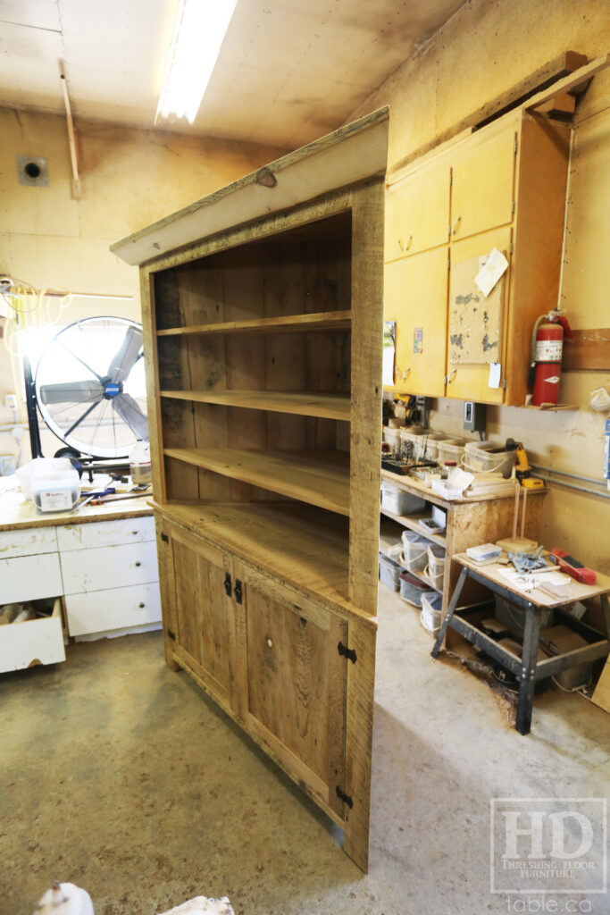 Reclaimed Ontario Barnwood Corner Hutch we made for a Vienna home - 7' Height / 3'10" Wide - Bottom Doors/ Top Shelving - Old Growth Pine Threshing Floor + Grainery Board Construction - Original edges & distressing maintained - Mission Cast Brass Lee Valley Hardware - Polyurethane clearcoat finish - www.table.ca