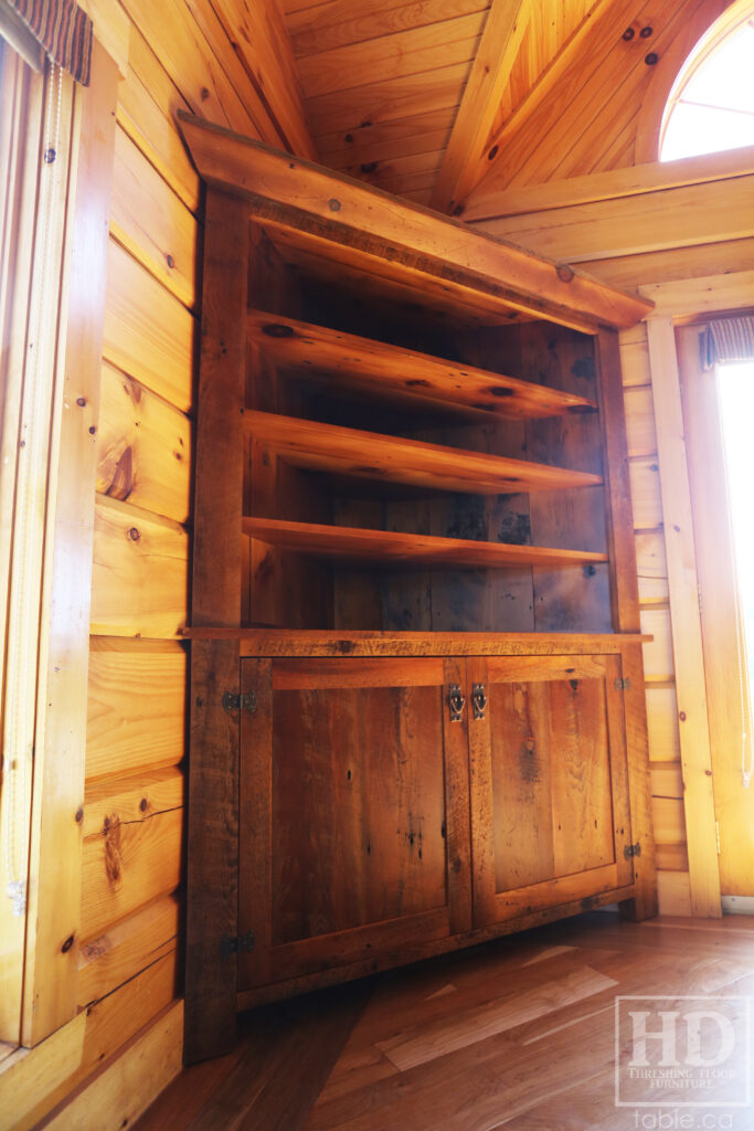 Reclaimed Ontario Barnwood Corner Hutch we made for a Vienna home - 7' Height / 3'10" Wide - Bottom Doors/ Top Shelving - Old Growth Pine Threshing Floor + Grainery Board Construction - Original edges & distressing maintained - Mission Cast Brass Lee Valley Hardware - Polyurethane clearcoat finish - www.table.ca