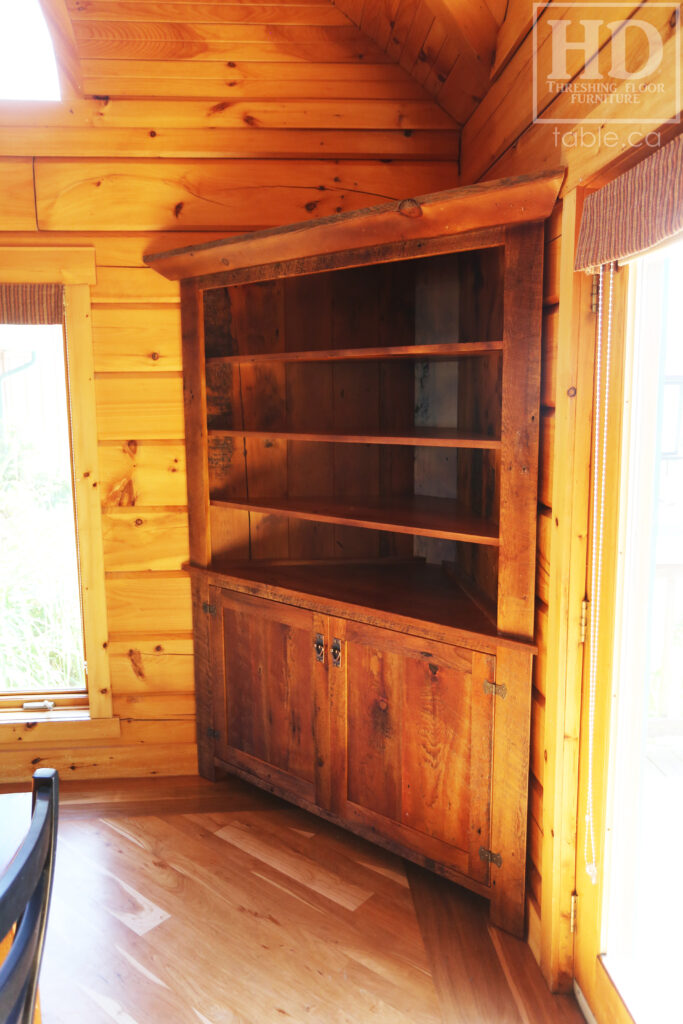 Reclaimed Ontario Barnwood Corner Hutch we made for a Vienna home - 7' Height / 3'10" Wide - Bottom Doors/ Top Shelving - Old Growth Pine Threshing Floor + Grainery Board Construction - Original edges & distressing maintained - Mission Cast Brass Lee Valley Hardware - Polyurethane clearcoat finish - www.table.ca