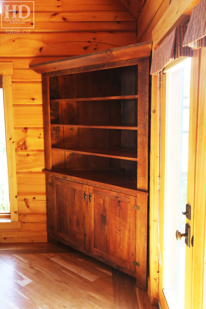 Reclaimed Ontario Barnwood Corner Hutch we made for a Vienna home - 7' Height / 3'10" Wide - Bottom Doors/ Top Shelving - Old Growth Pine Threshing Floor + Grainery Board Construction - Original edges & distressing maintained - Mission Cast Brass Lee Valley Hardware - Polyurethane clearcoat finish - www.table.ca