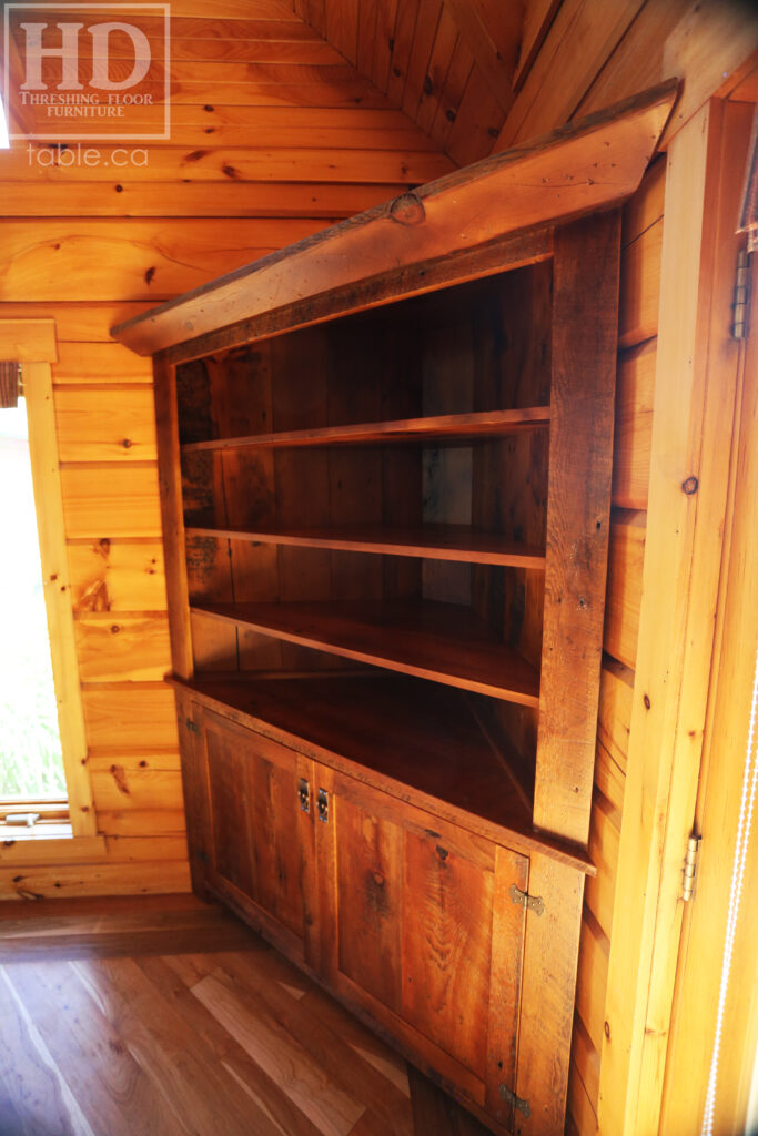 Reclaimed Ontario Barnwood Corner Hutch we made for a Vienna home - 7' Height / 3'10" Wide - Bottom Doors/ Top Shelving - Old Growth Pine Threshing Floor + Grainery Board Construction - Original edges & distressing maintained - Mission Cast Brass Lee Valley Hardware - Polyurethane clearcoat finish - www.table.ca