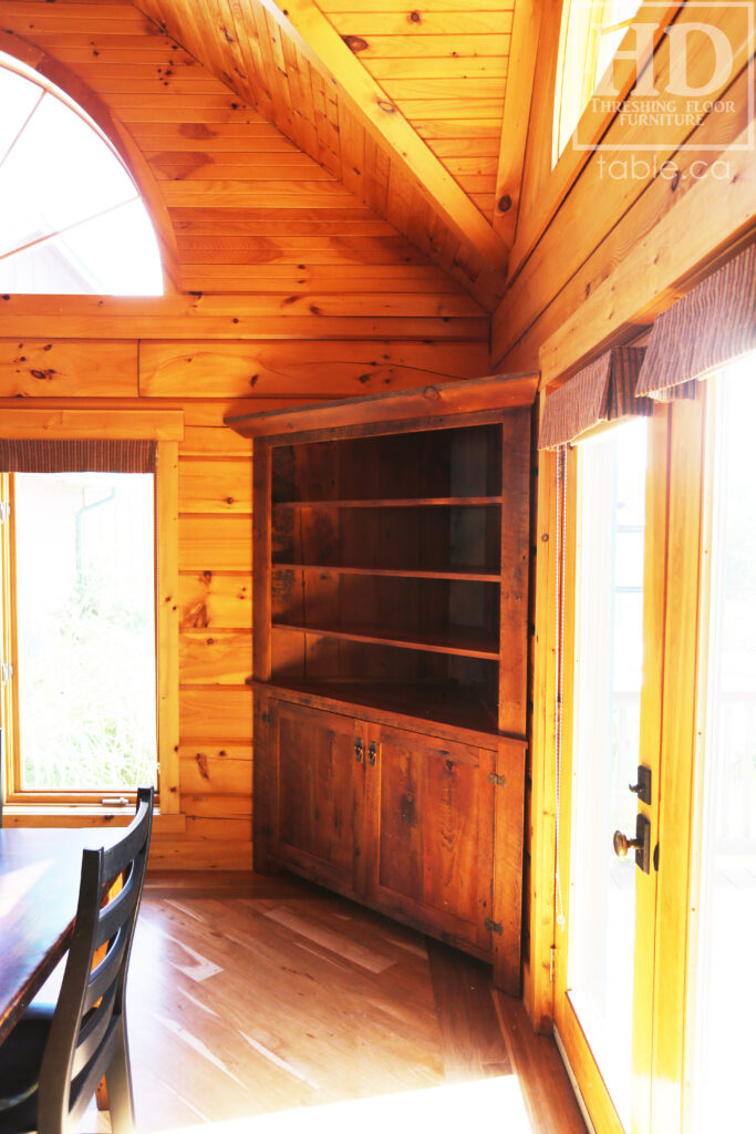 Reclaimed Ontario Barnwood Corner Hutch we made for a Vienna home - 7' Height / 3'10" Wide - Bottom Doors/ Top Shelving - Old Growth Pine Threshing Floor + Grainery Board Construction - Original edges & distressing maintained - Mission Cast Brass Lee Valley Hardware - www.table.ca