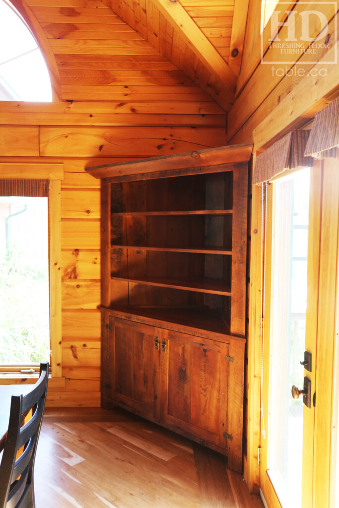 Reclaimed Ontario Barnwood Corner Hutch we made for a Vienna home - 7' Height / 3'10" Wide - Bottom Doors/ Top Shelving - Old Growth Pine Threshing Floor + Grainery Board Construction - Original edges & distressing maintained - Mission Cast Brass Lee Valley Hardware - Polyurethane clearcoat finish - www.table.ca