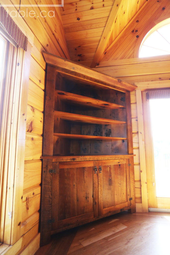 Reclaimed Ontario Barnwood Corner Hutch we made for a Vienna home - 7' Height / 3'10" Wide - Bottom Doors/ Top Shelving - Old Growth Pine Threshing Floor + Grainery Board Construction - Original edges & distressing maintained - Mission Cast Brass Lee Valley Hardware - www.table.ca