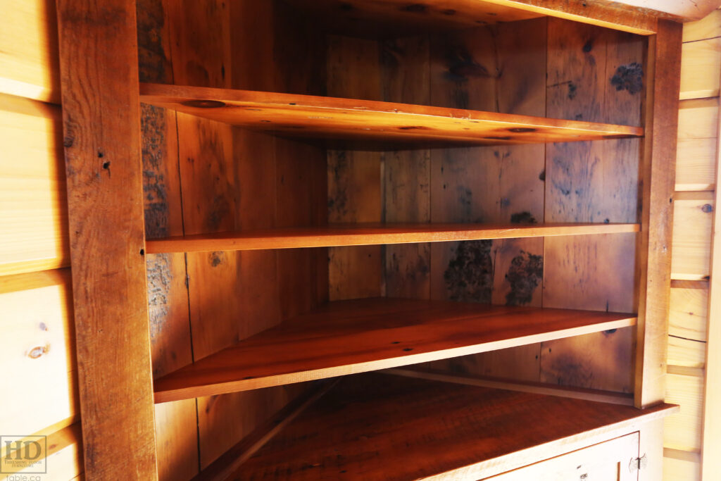 Reclaimed Ontario Barnwood Corner Hutch we made for a Vienna home - 7' Height / 3'10" Wide - Bottom Doors/ Top Shelving - Old Growth Pine Threshing Floor + Grainery Board Construction - Original edges & distressing maintained - Mission Cast Brass Lee Valley Hardware - Polyurethane clearcoat finish - www.table.ca