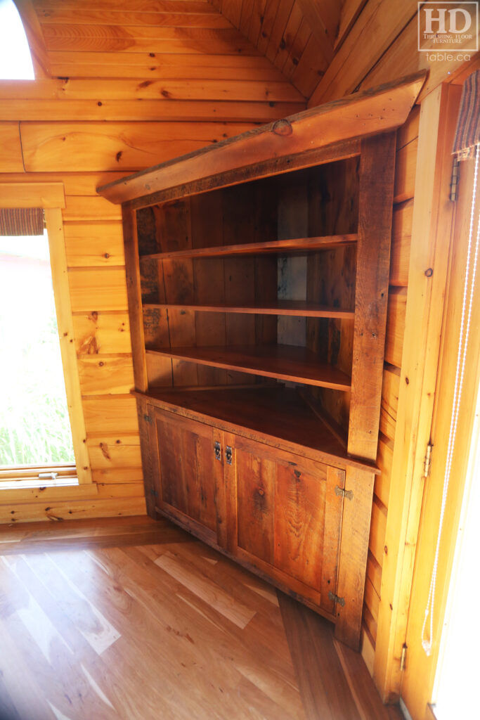 Reclaimed Ontario Barnwood Corner Hutch we made for a Vienna home - 7' Height / 3'10" Wide - Bottom Doors/ Top Shelving - Old Growth Pine Threshing Floor + Grainery Board Construction - Original edges & distressing maintained - Mission Cast Brass Lee Valley Hardware - Polyurethane clearcoat finish - www.table.ca