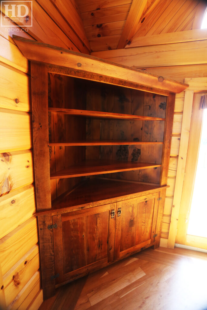 Reclaimed Ontario Barnwood Corner Hutch we made for a Vienna home - 7' Height / 3'10" Wide - Bottom Doors/ Top Shelving - Old Growth Pine Threshing Floor + Grainery Board Construction - Original edges & distressing maintained - Mission Cast Brass Lee Valley Hardware - Polyurethane clearcoat finish - www.table.ca