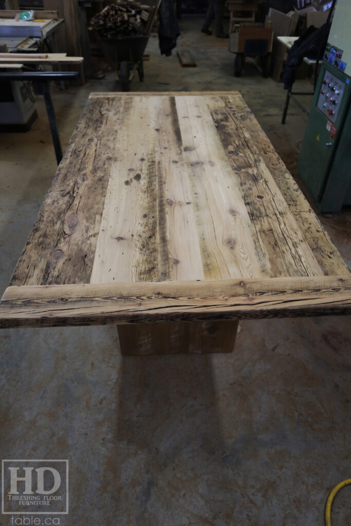 7' Reclaimed Ontario Barnwood Table we made for a Niagara Falls home - 42" wide - Plank Base Option - Old Growth Hemlock Threshing Floor Construction - Original edges & distressing maintained - Premium epoxy + matte polyurethane finish - Bleached Option - 8 Topgrain Leather Parsons Chairs: Santiago Thunder - www.table.ca