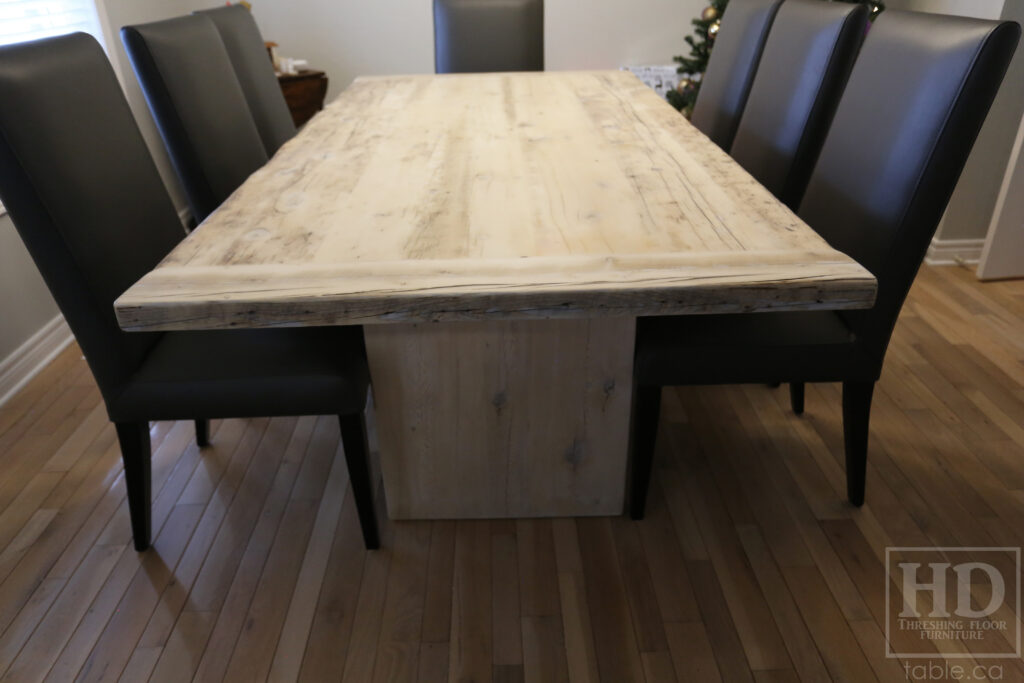 7' Reclaimed Ontario Barnwood Table we made for a Niagara Falls home - 42" wide - Plank Base Option - Old Growth Hemlock Threshing Floor Construction - Original edges & distressing maintained - Premium epoxy + matte polyurethane finish - Bleached Option - 8 Topgrain Leather Parsons Chairs: Santiago Thunder - www.table.ca