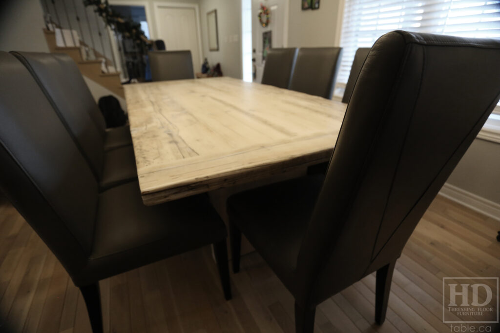 7' Reclaimed Ontario Barnwood Table we made for a Niagara Falls home - 42" wide - Plank Base Option - Old Growth Hemlock Threshing Floor Construction - Original edges & distressing maintained - Premium epoxy + matte polyurethane finish - Bleached Option - 8 Topgrain Leather Parsons Chairs: Santiago Thunder - www.table.ca