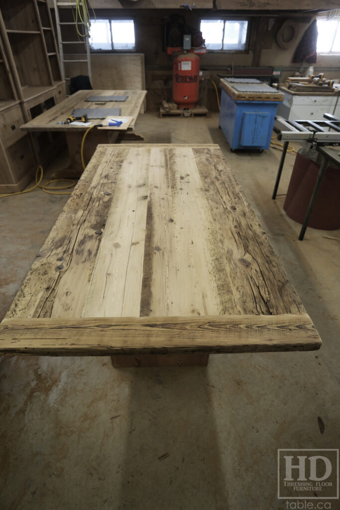 7' Reclaimed Ontario Barnwood Table we made for a Niagara Falls home - 42" wide - Plank Base Option - Old Growth Hemlock Threshing Floor Construction - Original edges & distressing maintained - Premium epoxy + matte polyurethane finish - Bleached Option - 8 Topgrain Leather Parsons Chairs: Santiago Thunder - www.table.ca