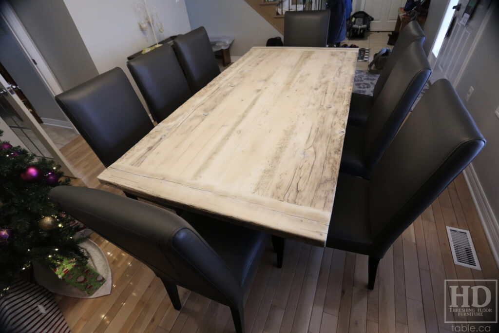 7' Reclaimed Ontario Barnwood Table we made for a Niagara Falls home - 42" wide - Plank Base Option - Old Growth Hemlock Threshing Floor Construction - Original edges & distressing maintained - Premium epoxy + matte polyurethane finish - Bleached Option - 8 Topgrain Leather Parsons Chairs: Santiago Thunder - www.table.ca