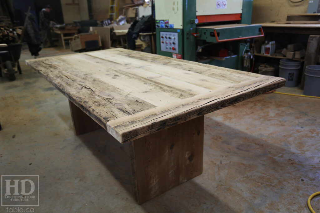 7' Reclaimed Ontario Barnwood Table we made for a Niagara Falls home - 42" wide - Plank Base Option - Old Growth Hemlock Threshing Floor Construction - Original edges & distressing maintained - Premium epoxy + matte polyurethane finish - Bleached Option - 8 Topgrain Leather Parsons Chairs: Santiago Thunder - www.table.ca