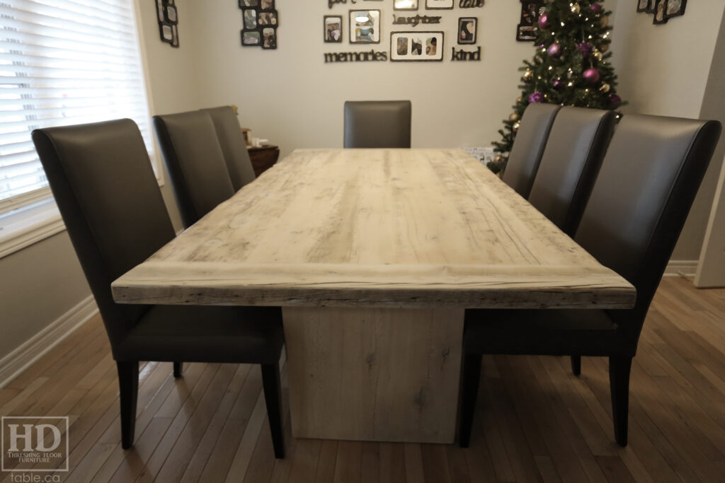 7' Reclaimed Ontario Barnwood Table we made for a Niagara Falls home - 42" wide - Plank Base Option - Old Growth Hemlock Threshing Floor Construction - Original edges & distressing maintained - Premium epoxy + matte polyurethane finish - Bleached Option - 8 Topgrain Leather Parsons Chairs: Santiago Thunder - www.table.ca