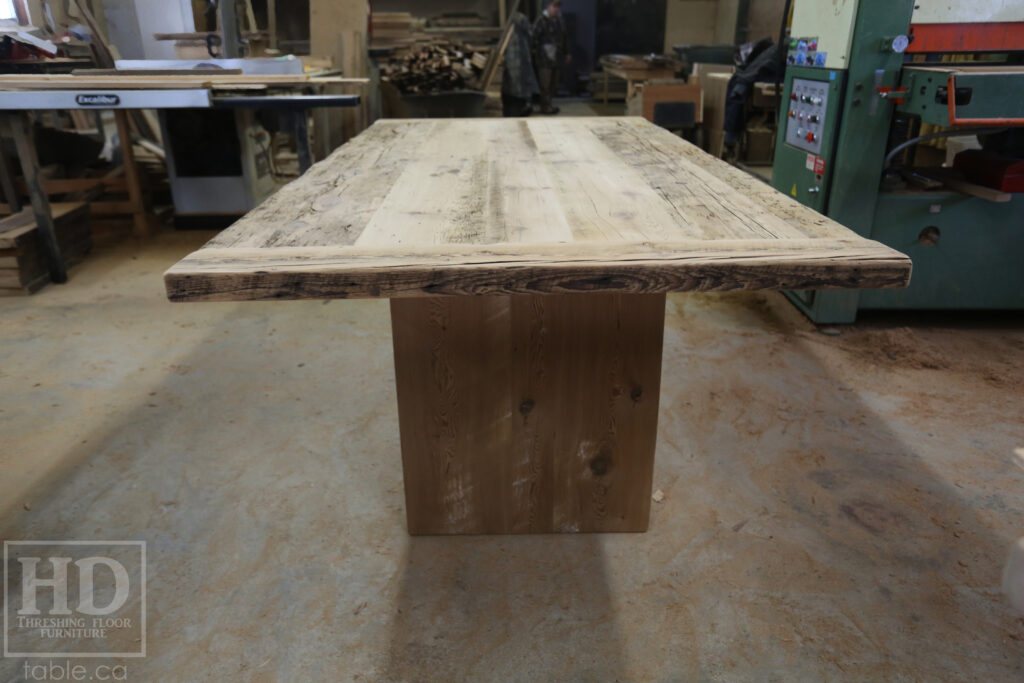 7' Reclaimed Ontario Barnwood Table we made for a Niagara Falls home - 42" wide - Plank Base Option - Old Growth Hemlock Threshing Floor Construction - Original edges & distressing maintained - Premium epoxy + matte polyurethane finish - Bleached Option - 8 Topgrain Leather Parsons Chairs: Santiago Thunder - www.table.ca