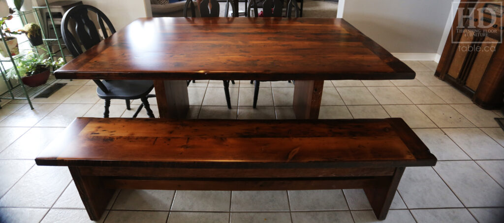6' Ontario Barnwood Table we made for a Niagara Falls home - 42" wide - 3" Joist Material Plank Base - Old Growth Reclaimed Hemlock Threshing Floor Construction - Original edges & distressing maintained - Premium epoxy + satin polyurethane finish - 6' [matching] Plank Base Bench - www.table.ca