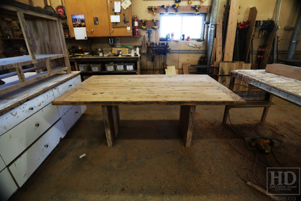 6' Ontario Barnwood Table we made for a Niagara Falls home - 42" wide - 3" Joist Material Plank Base - Old Growth Reclaimed Hemlock Threshing Floor Construction - Original edges & distressing maintained - Premium epoxy + satin polyurethane finish - 6' [matching] Plank Base Bench - www.table.ca