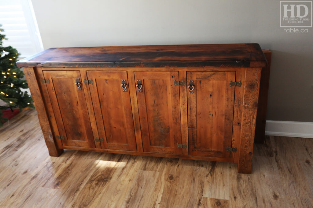 6' Ontario Barnwood Buffet we made for a Sudbury home - 36" height - 18" deep - 4 Doors - Adjustable Shelving Inside - Straight 4"x4" Windbrace Beam Corners - Reclaimed Old Growth Hemlock Threshing Floor + Grainery Board Construction - Original edges + distressing kept - Mission Cast Brass Lee Valley Hardware - Premium epoxy + matte polyurethane finish - www.table.ca