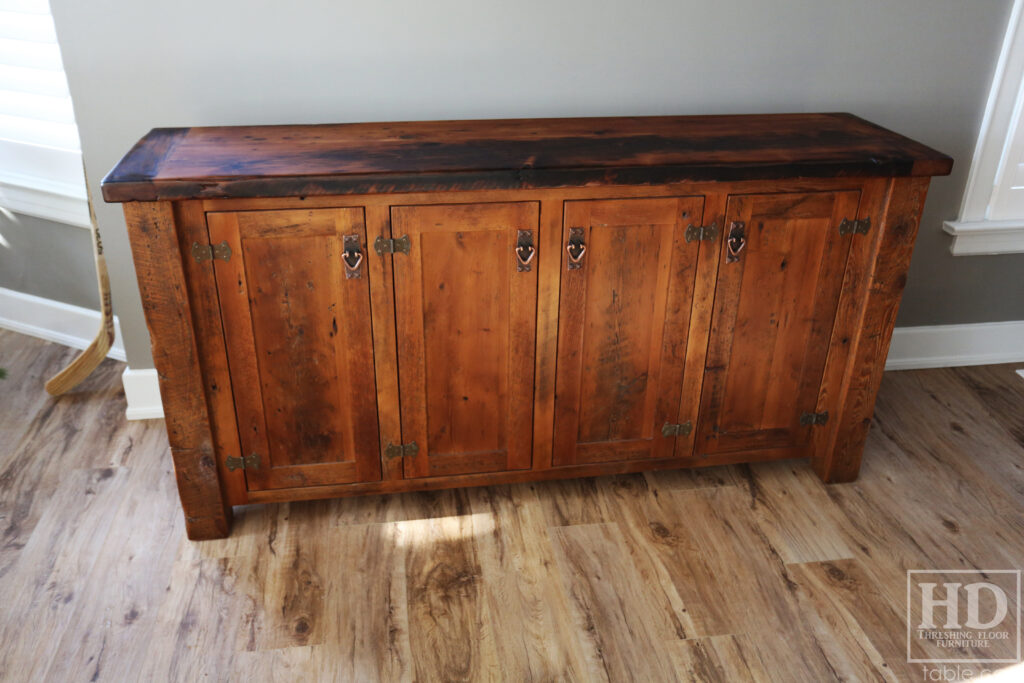 6' Ontario Barnwood Buffet we made for a Sudbury home - 36" height - 18" deep - 4 Doors - Adjustable Shelving Inside - Straight 4"x4" Windbrace Beam Corners - Reclaimed Old Growth Hemlock Threshing Floor + Grainery Board Construction - Original edges + distressing kept - Mission Cast Brass Lee Valley Hardware - Premium epoxy + matte polyurethane finish - www.table.ca