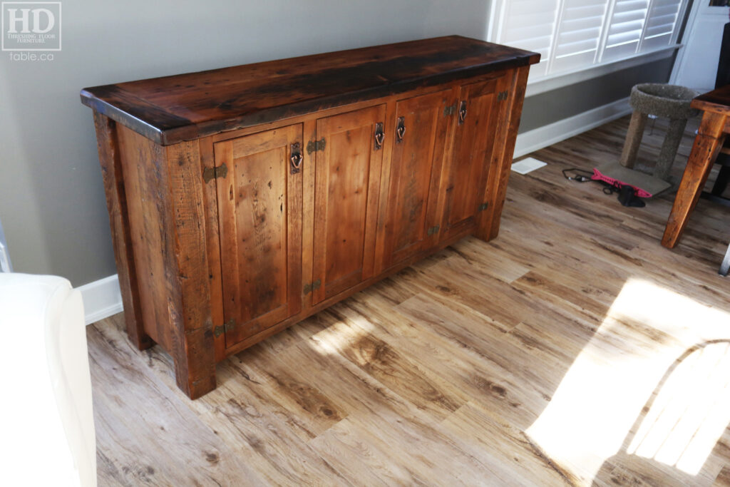 6' Ontario Barnwood Buffet we made for a Sudbury home - 36" height - 18" deep - 4 Doors - Adjustable Shelving Inside - Straight 4"x4" Windbrace Beam Corners - Reclaimed Old Growth Hemlock Threshing Floor + Grainery Board Construction - Original edges + distressing kept - Mission Cast Brass Lee Valley Hardware - Premium epoxy + matte polyurethane finish - www.table.ca