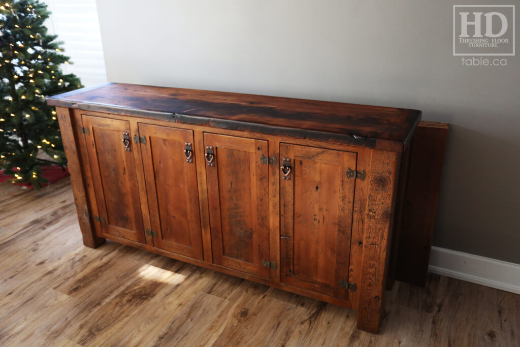 6' Ontario Barnwood Buffet we made for a Sudbury home - 36" height - 18" deep - 4 Doors - Adjustable Shelving Inside - Straight 4"x4" Windbrace Beam Corners - Reclaimed Old Growth Hemlock Threshing Floor + Grainery Board Construction - Original edges + distressing kept - Mission Cast Brass Lee Valley Hardware - Premium epoxy + matte polyurethane finish - www.table.ca