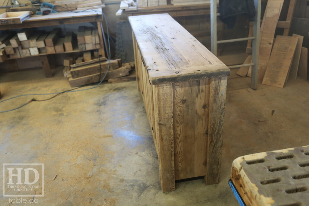 6' Ontario Barnwood Buffet we made for a Sudbury home - 36" height - 18" deep - 4 Doors - Adjustable Shelving Inside - Straight 4"x4" Windbrace Beam Corners - Reclaimed Old Growth Hemlock Threshing Floor + Grainery Board Construction - Original edges + distressing kept - Mission Cast Brass Lee Valley Hardware - Premium epoxy + matte polyurethane finish - www.table.ca