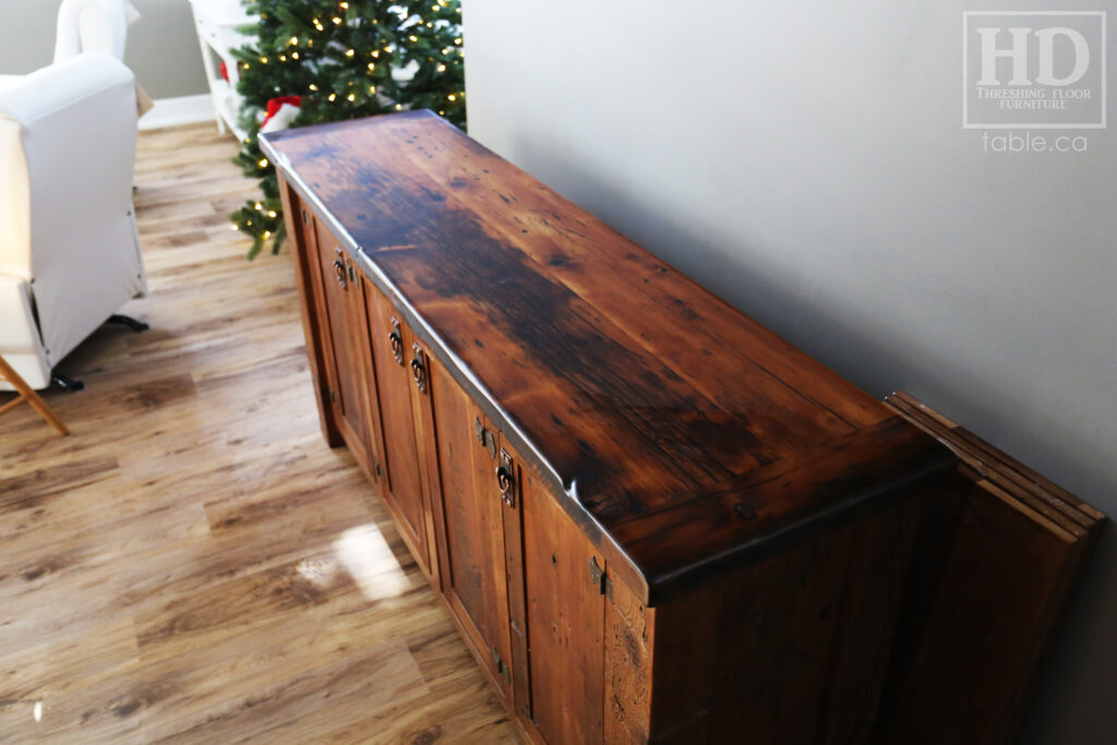 6' Ontario Barnwood Buffet we made for a Sudbury home - 36" height - 18" deep - 4 Doors - Adjustable Shelving Inside - Straight 4"x4" Windbrace Beam Corners - Reclaimed Old Growth Hemlock Threshing Floor + Grainery Board Construction - Original edges + distressing kept - Mission Cast Brass Lee Valley Hardware - Premium epoxy + matte polyurethane finish - www.table.ca