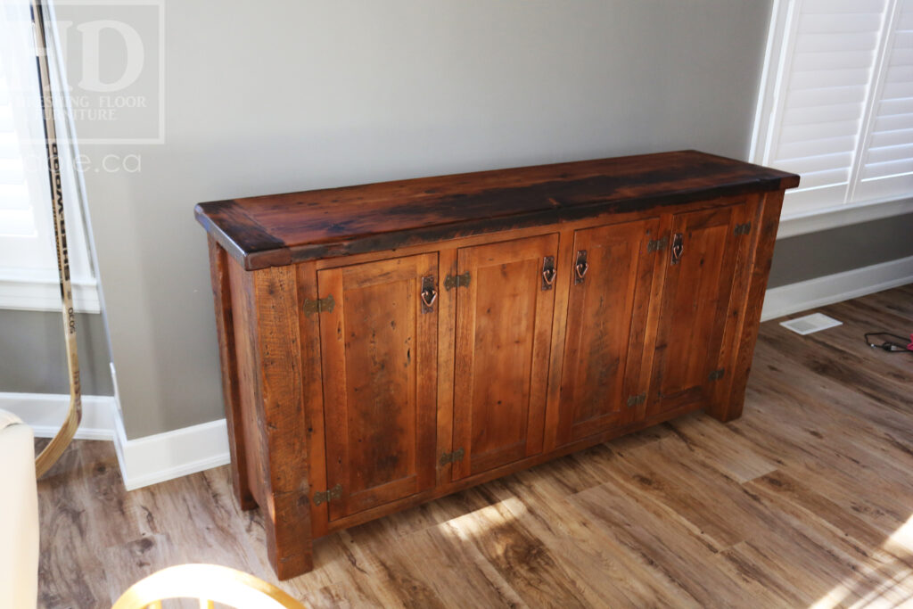 6' Ontario Barnwood Buffet we made for a Sudbury home - 36" height - 18" deep - 4 Doors - Adjustable Shelving Inside - Straight 4"x4" Windbrace Beam Corners - Reclaimed Old Growth Hemlock Threshing Floor + Grainery Board Construction - Original edges + distressing kept - Mission Cast Brass Lee Valley Hardware - Premium epoxy + matte polyurethane finish - www.table.ca