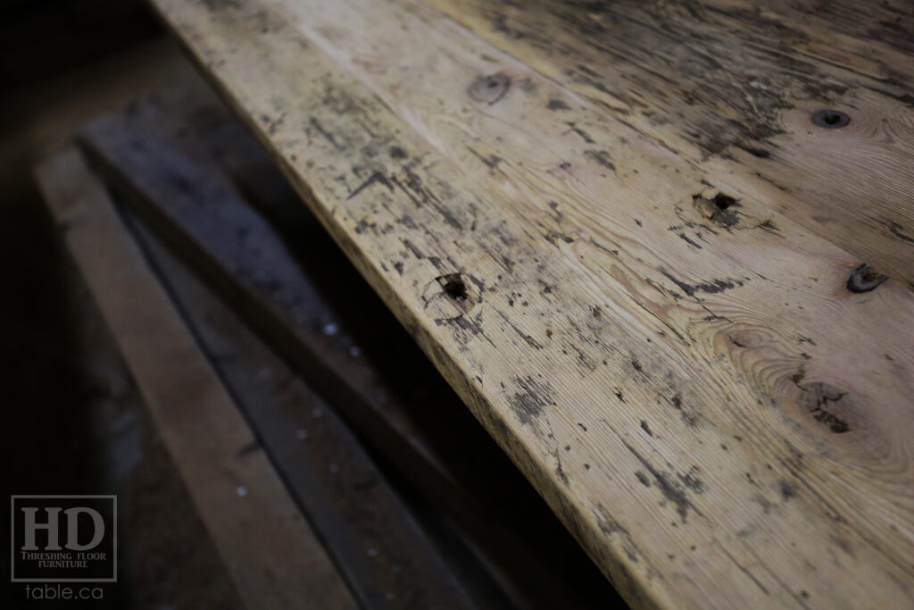7' Reclaimed Ontario Barnwood Table - 38" wide - Old Growth Hemlock Threshing Floor Construction - Original edges & distressing maintained - Matte Black U Shaped Base - Premium epoxy + satin polyurethane finish - www.table.ca