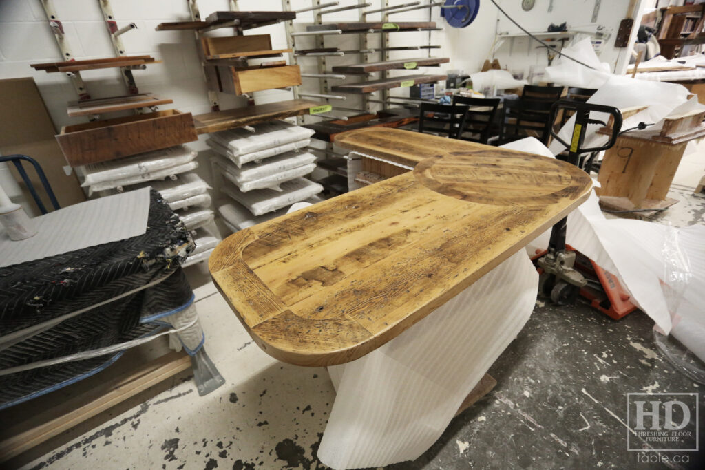 Custom Ontario Barnwood Desk - Rounded Bread Board Ends - Circle Joinery Corner - Old Growth Hemlock 2" Threshing Floor Construction - 3" Joist Material Posts - Original edges & distressing maintained - Greytone Option - Polyurethane Clearcoat Finish [no epoxy filling] - www.table.ca