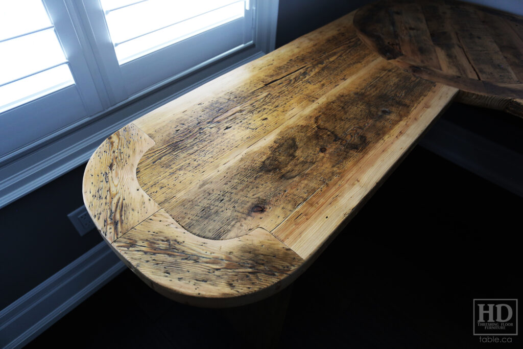 Custom Ontario Barnwood Desk - Rounded Bread Board Ends - Circle Joinery Corner - Old Growth Hemlock 2" Threshing Floor Construction - 3" Joist Material Posts - Original edges & distressing maintained - Greytone Option - Polyurethane Clearcoat Finish [no epoxy filling] - www.table.ca
