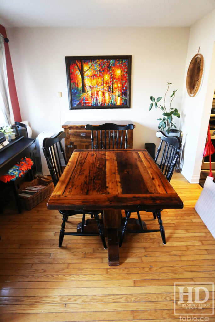 48" x 36" Ontario Barnwood Pedestal Table we made for a Burlington home - Hand Hewn Post Pedestal Base - Old Growth Hemlock Threshing Floor Construction - Original edges & distressing maintained - Premium epoxy + satin polyurethane finish - Two 14" Leaf Extensions - [4] Comb Back Chairs / Wormy Maple / Painted Solid Black / Polyurethane clearcoat finish - www.table.ca