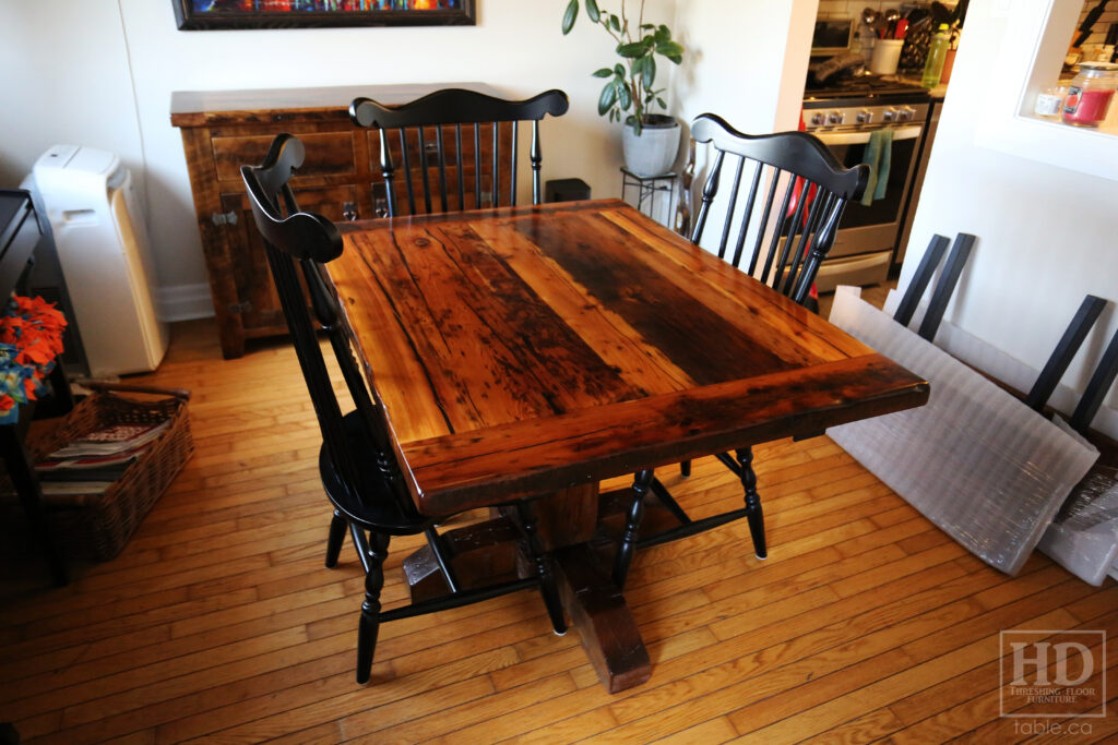 48" x 36" Ontario Barnwood Pedestal Table we made for a Burlington home - Hand Hewn Post Pedestal Base - Old Growth Hemlock Threshing Floor Construction - Original edges & distressing maintained - Premium epoxy + satin polyurethane finish - Two 14" Leaf Extensions - [4] Comb Back Chairs / Wormy Maple / Painted Solid Black / Polyurethane clearcoat finish - www.table.ca