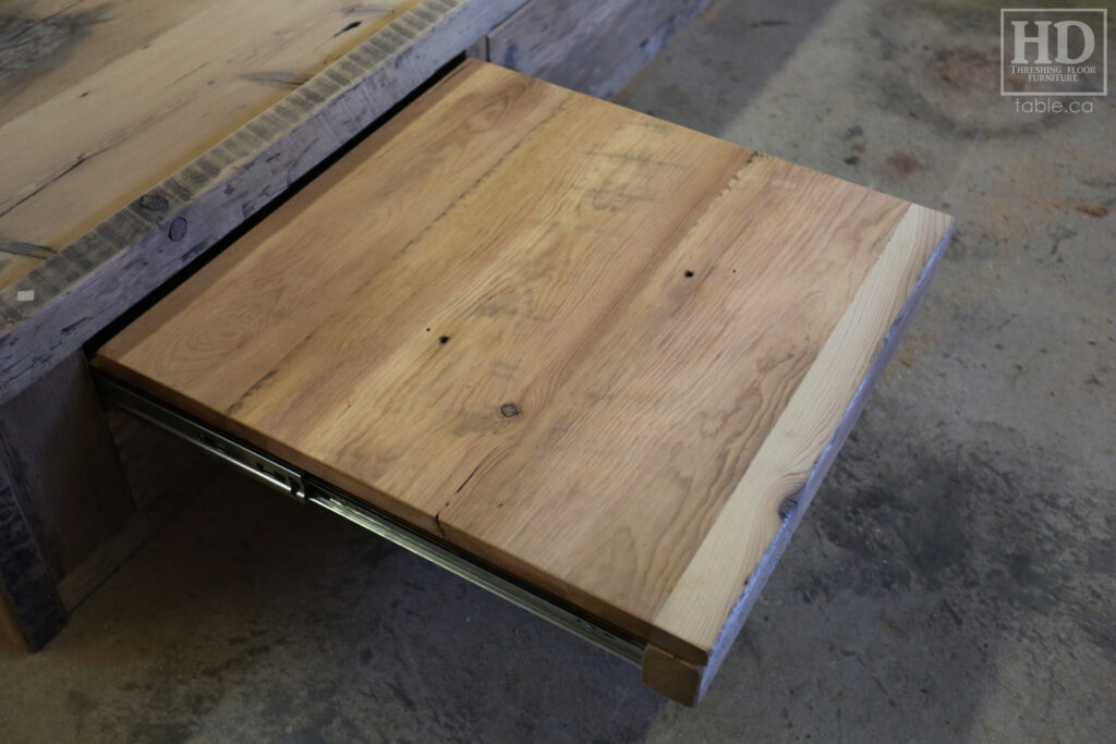 Ontario Barnwood Queen Sized Platform Bed - Reclaimed 2" Hemlock Threshing Floor Construction - Bottom Drawers / notch out handles - Built-in swivel end table platforms - Polyurethane clearcoat finish - www.table.ca