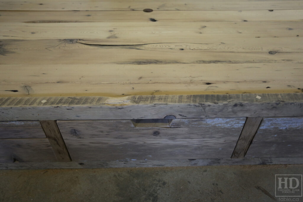 Ontario Barnwood Queen Sized Platform Bed - Reclaimed 2" Hemlock Threshing Floor Construction - Bottom Drawers / notch out handles - Built-in swivel end table platforms - Polyurethane clearcoat finish - www.table.ca