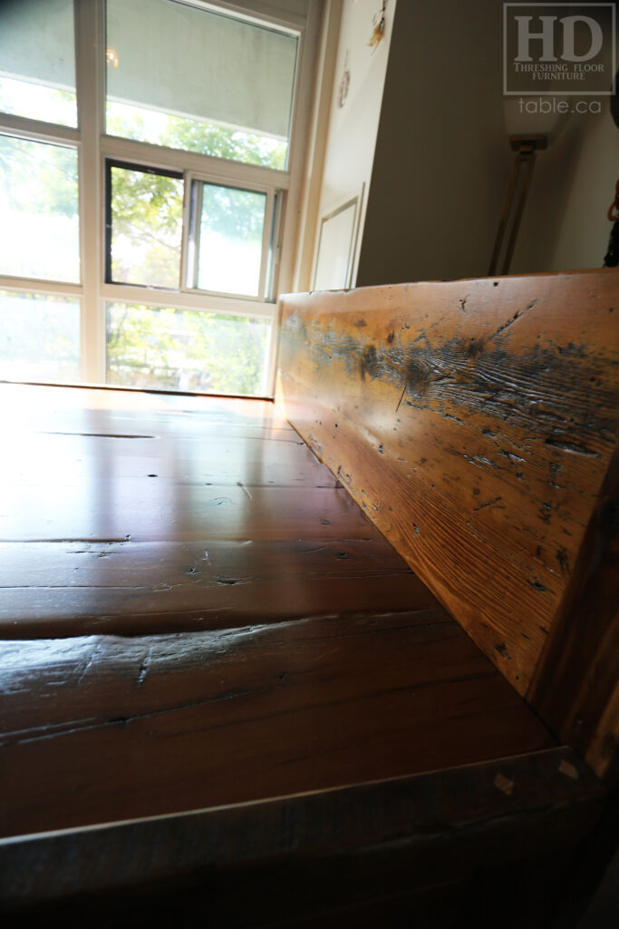 Ontario Barnwood Queen Sized Platform Bed - Reclaimed 2" Hemlock Threshing Floor Construction - Bottom Drawers / notch out handles - Built-in swivel end table platforms - Polyurethane clearcoat finish - www.table.ca