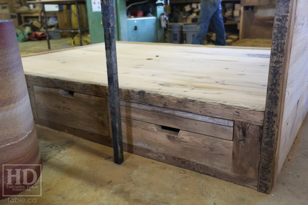 Ontario Barnwood Queen Sized Platform Bed - Reclaimed 2" Hemlock Threshing Floor Construction - Bottom Drawers / notch out handles - Built-in swivel end table platforms - Polyurethane clearcoat finish - www.table.ca