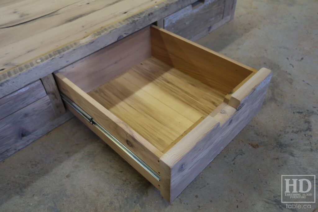 Ontario Barnwood Queen Sized Platform Bed - Reclaimed 2" Hemlock Threshing Floor Construction - Bottom Drawers / notch out handles - Built-in swivel end table platforms - Polyurethane clearcoat finish - www.table.ca