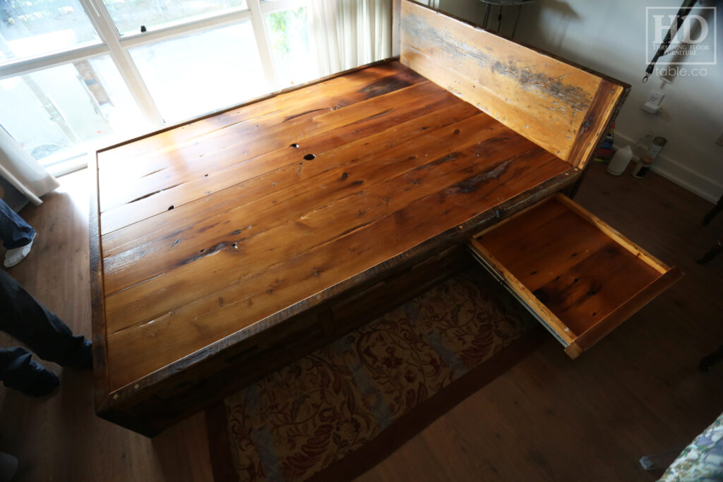 Ontario Barnwood Queen Sized Platform Bed - Reclaimed 2" Hemlock Threshing Floor Construction - Bottom Drawers / notch out handles - Built-in swivel end table platforms - Polyurethane clearcoat finish - www.table.ca