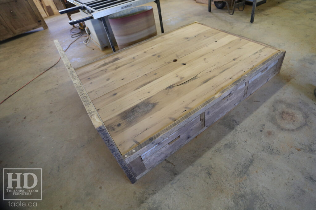 Ontario Barnwood Queen Sized Platform Bed - Reclaimed 2" Hemlock Threshing Floor Construction - Bottom Drawers / notch out handles - Built-in swivel end table platforms - Polyurethane clearcoat finish - www.table.ca