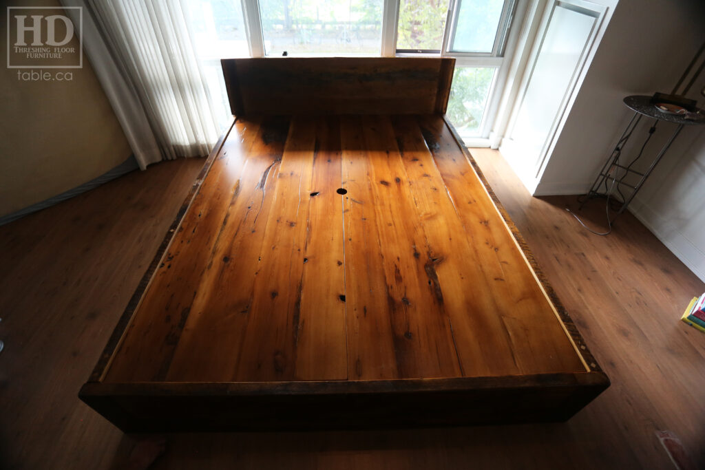 Ontario Barnwood Queen Sized Platform Bed - Reclaimed 2" Hemlock Threshing Floor Construction - Bottom Drawers / notch out handles - Built-in swivel end table platforms - Polyurethane clearcoat finish - www.table.ca