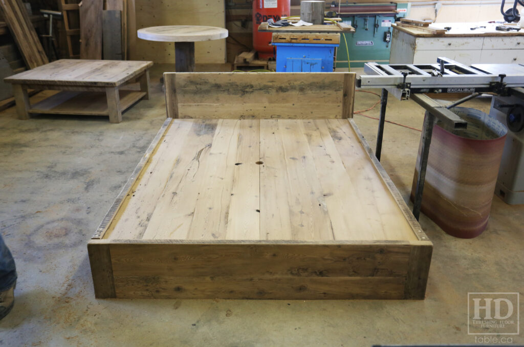 Ontario Barnwood Queen Sized Platform Bed - Reclaimed 2" Hemlock Threshing Floor Construction - Bottom Drawers / notch out handles - Built-in swivel end table platforms - Polyurethane clearcoat finish - www.table.ca