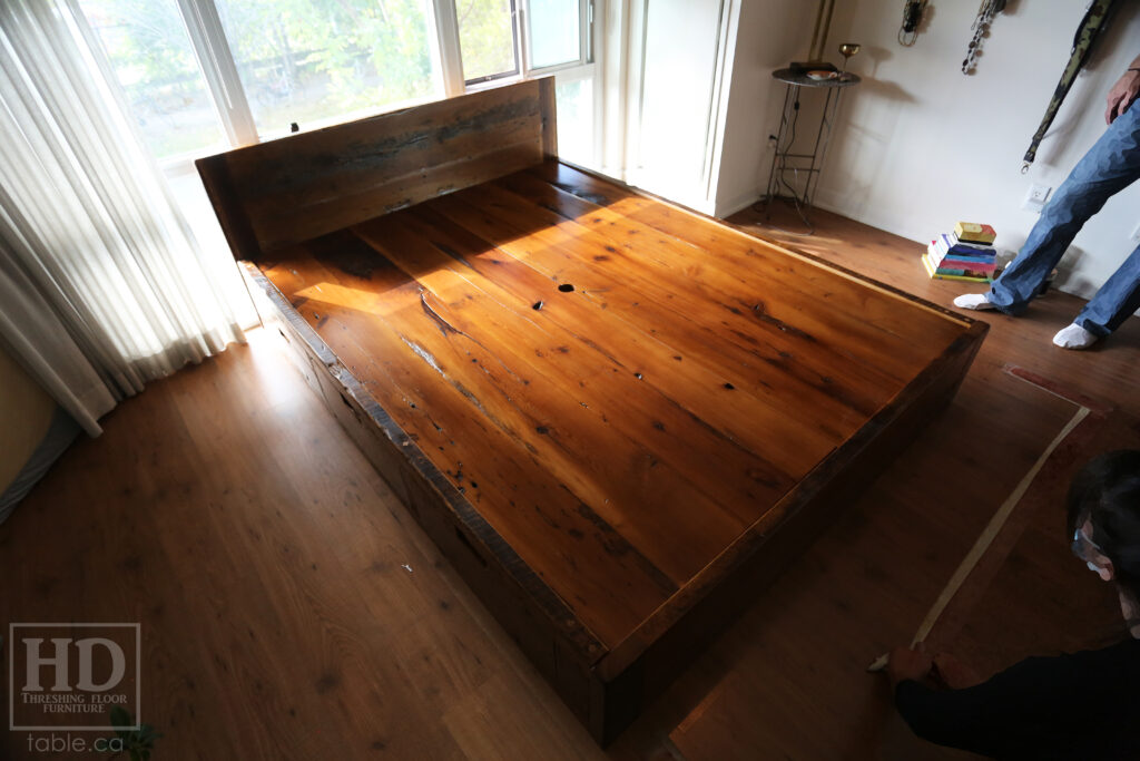 Ontario Barnwood Queen Sized Platform Bed - Reclaimed 2" Hemlock Threshing Floor Construction - Bottom Drawers / notch out handles - Built-in swivel end table platforms - Polyurethane clearcoat finish - www.table.ca